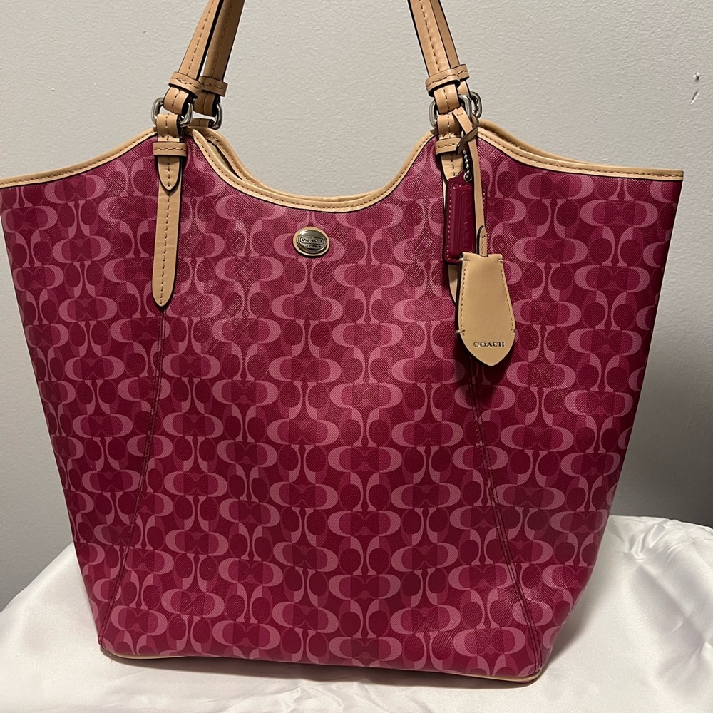 Coach Pink Signature Tote with Tan Trim